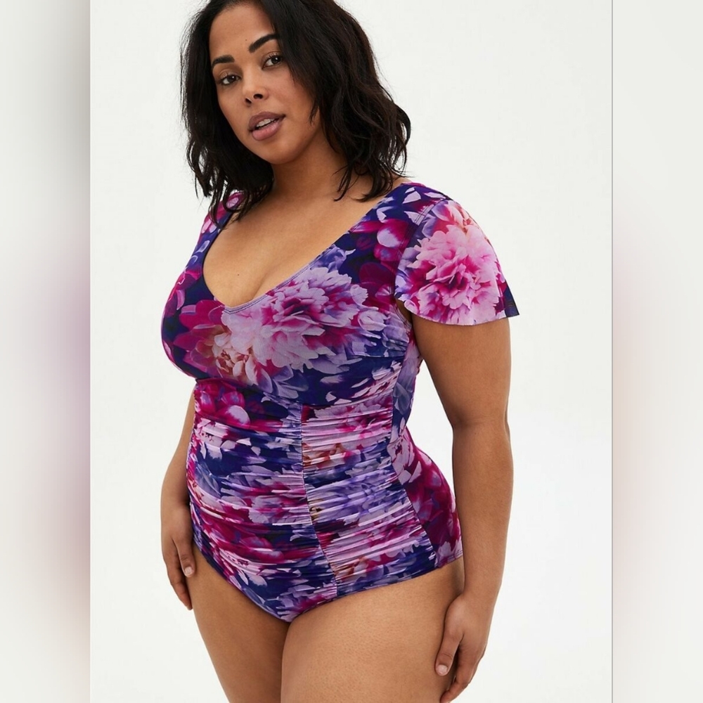 ***NWT*** Torrid Purple & Pink Floral Mesh Surplice One Piece Swimsuit Size 3
